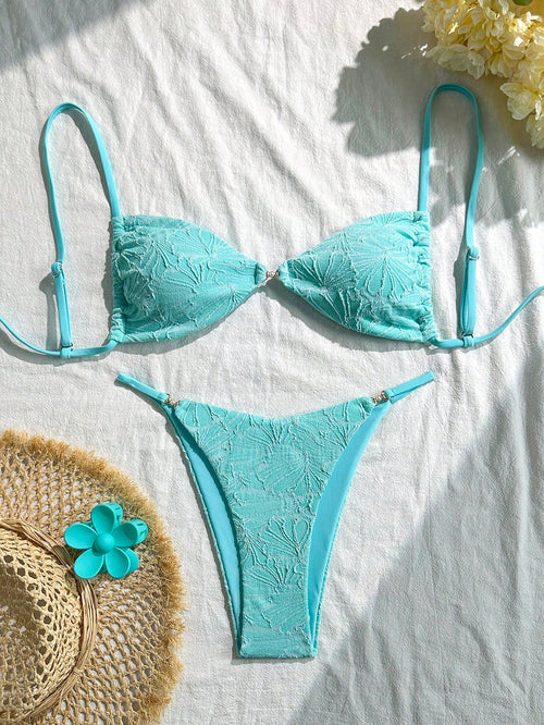 Swim Vcay 2pcs/Set Summer Vacation Textured Fabric, Spaghetti Strap Gold Decor Strapless Bra And Bikini Swimwear Set For Women, Sexy