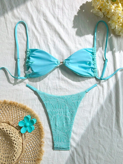 Swim Vcay 2pcs/Set Summer Vacation Textured Fabric, Spaghetti Strap Gold Decor Strapless Bra And Bikini Swimwear Set For Women, Sexy