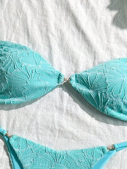 Swim Vcay 2pcs/Set Summer Vacation Textured Fabric, Spaghetti Strap Gold Decor Strapless Bra And Bikini Swimwear Set For Women, Sexy