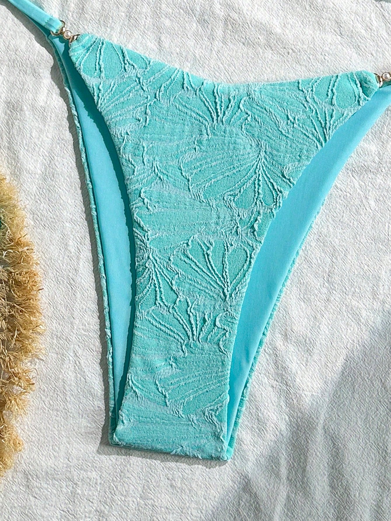 Swim Vcay 2pcs/Set Summer Vacation Textured Fabric, Spaghetti Strap Gold Decor Strapless Bra And Bikini Swimwear Set For Women, Sexy