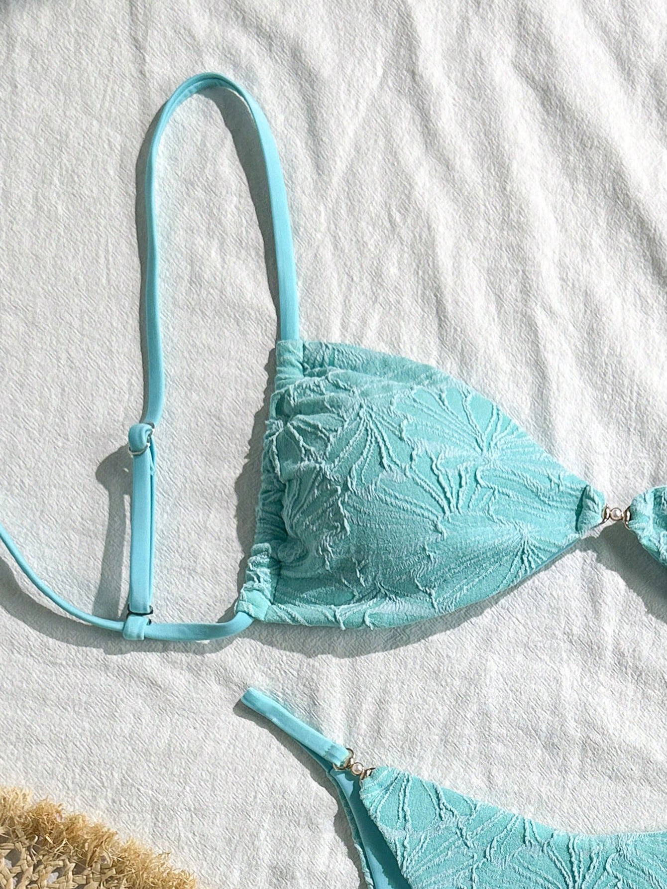 Swim Vcay 2pcs/Set Summer Vacation Textured Fabric, Spaghetti Strap Gold Decor Strapless Bra And Bikini Swimwear Set For Women, Sexy