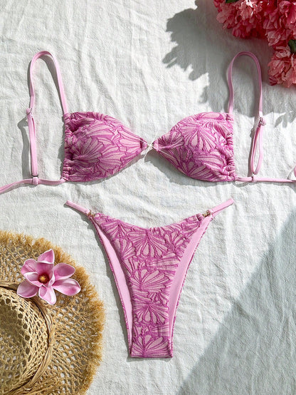 Swim Vcay 2pcs/Set Summer Vacation Textured Fabric, Spaghetti Strap Gold Decor Strapless Bra And Bikini Swimwear Set For Women, Sexy