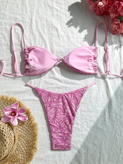 Swim Vcay 2pcs/Set Summer Vacation Textured Fabric, Spaghetti Strap Gold Decor Strapless Bra And Bikini Swimwear Set For Women, Sexy