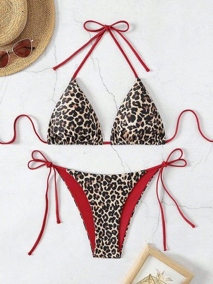 Swim Vcay 2pcs/Set Women's Leopard Print Spaghetti Strap Backless Side Tie Bikini Set,Khaki,Summer,Casual,Beach,Holiday,Vacation,Holiday Animal Swimwear