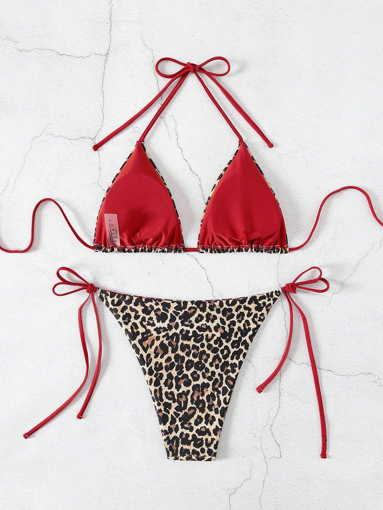 Swim Vcay 2pcs/Set Women's Leopard Print Spaghetti Strap Backless Side Tie Bikini Set,Khaki,Summer,Casual,Beach,Holiday,Vacation,Holiday Animal Swimwear