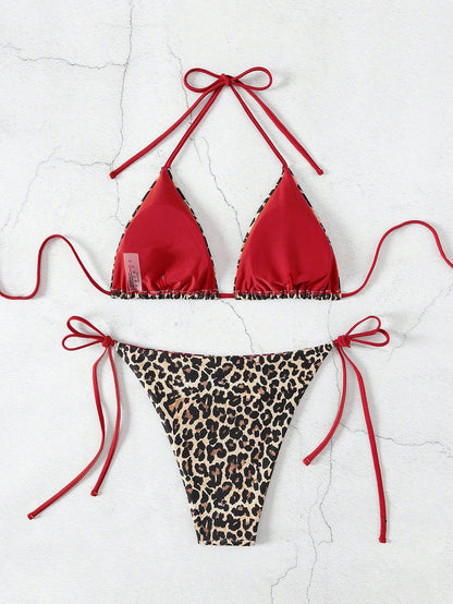 Swim Vcay 2pcs/Set Women's Leopard Print Spaghetti Strap Backless Side Tie Bikini Set,Khaki,Summer,Casual,Beach,Holiday,Vacation,Holiday Animal Swimwear