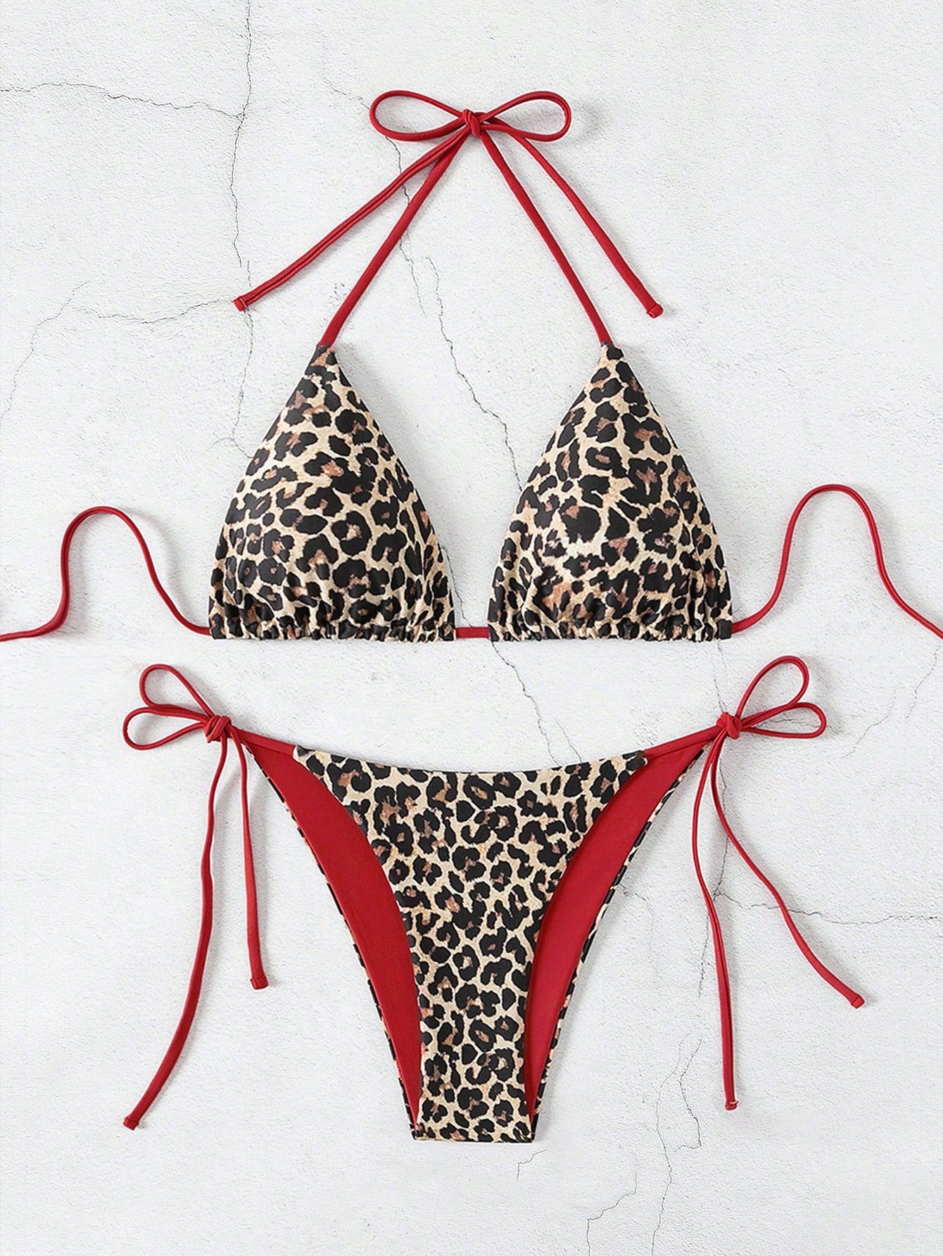 Swim Vcay 2pcs/Set Women's Leopard Print Spaghetti Strap Backless Side Tie Bikini Set,Khaki,Summer,Casual,Beach,Holiday,Vacation,Holiday Animal Swimwear