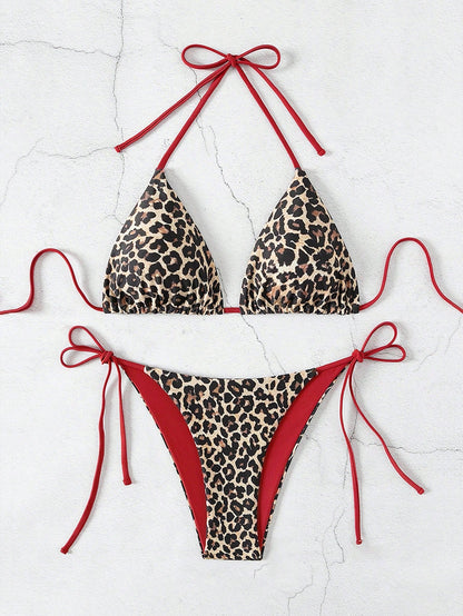 Swim Vcay 2pcs/Set Women's Leopard Print Spaghetti Strap Backless Side Tie Bikini Set,Khaki,Summer,Casual,Beach,Holiday,Vacation,Holiday Animal Swimwear