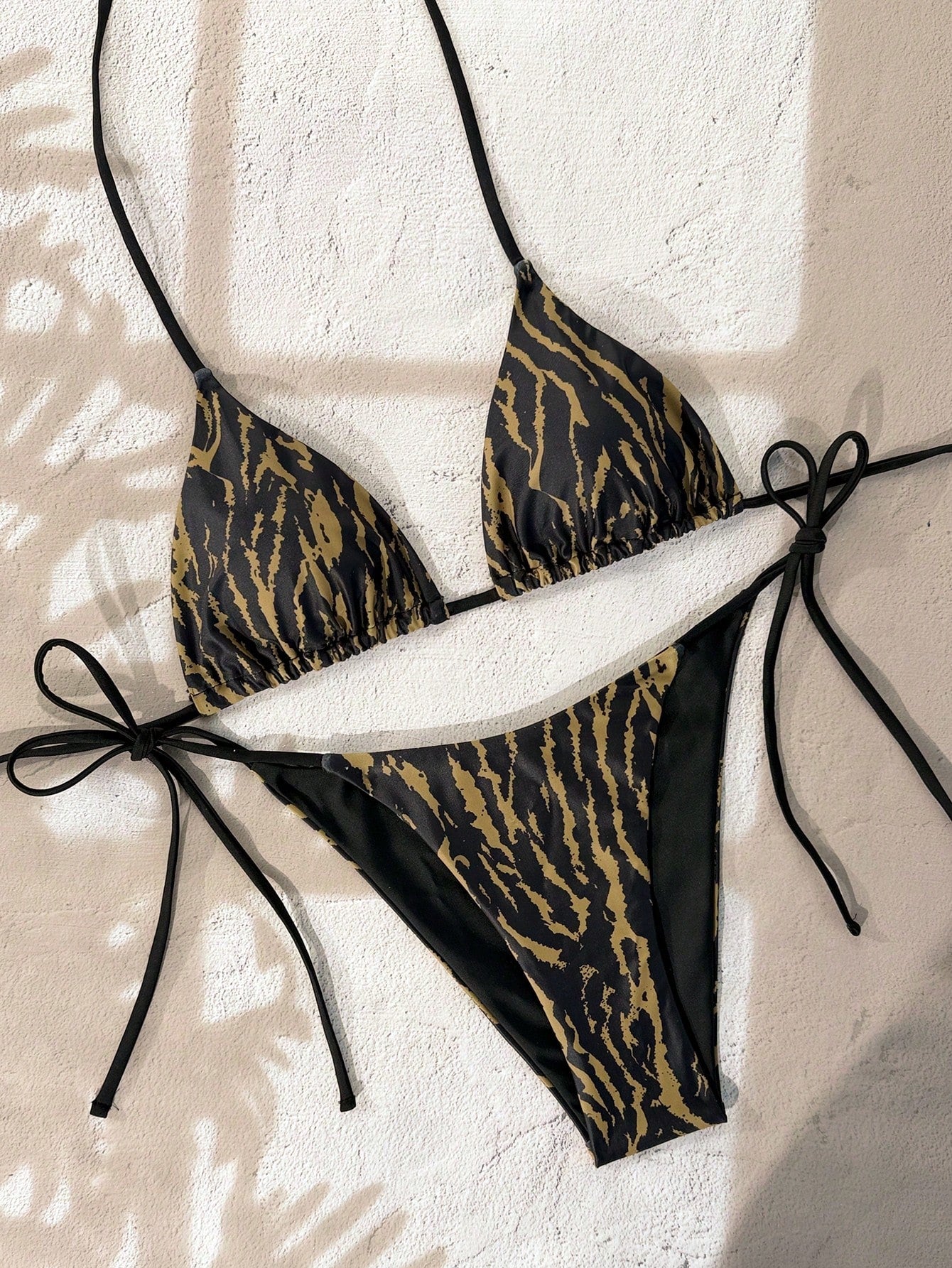 Swim Vcay 2pcs/Set Women's Leopard Print Spaghetti Strap Backless Side Tie Bikini Set,Khaki,Summer,Casual,Beach,Holiday,Vacation,Holiday Animal Swimwear