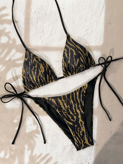 Swim Vcay 2pcs/Set Women's Leopard Print Spaghetti Strap Backless Side Tie Bikini Set,Khaki,Summer,Casual,Beach,Holiday,Vacation,Holiday Animal Swimwear