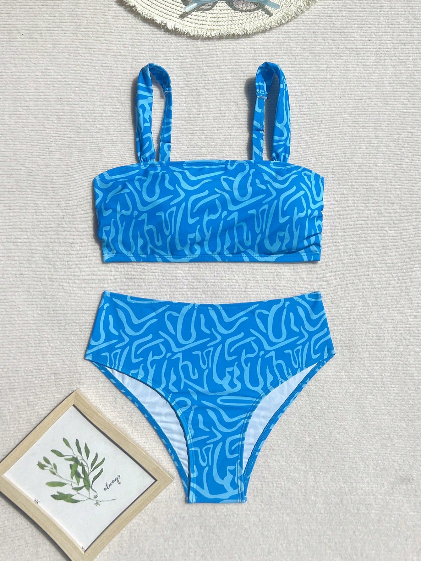 Swim Vcay 2pcs/Set Women Summer Random Color Print Shoulder Strap Top And High Waist Bottom Swimsuit Bikini Set For Beach & Resort