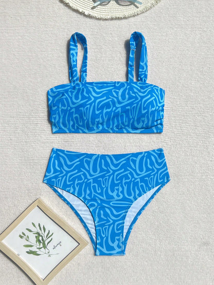Swim Vcay 2pcs/Set Women Summer Random Color Print Shoulder Strap Top And High Waist Bottom Swimsuit Bikini Set For Beach & Resort