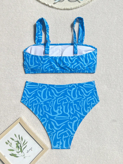 Swim Vcay 2pcs/Set Women Summer Random Color Print Shoulder Strap Top And High Waist Bottom Swimsuit Bikini Set For Beach & Resort