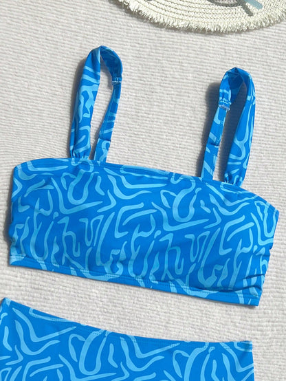 Swim Vcay 2pcs/Set Women Summer Random Color Print Shoulder Strap Top And High Waist Bottom Swimsuit Bikini Set For Beach & Resort