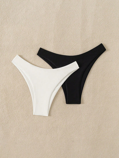 Swim Vcay 2pcs Women Plain & Leopard Print Swimsuit Bottoms Leopard Bikini For Summer Beach Vacation