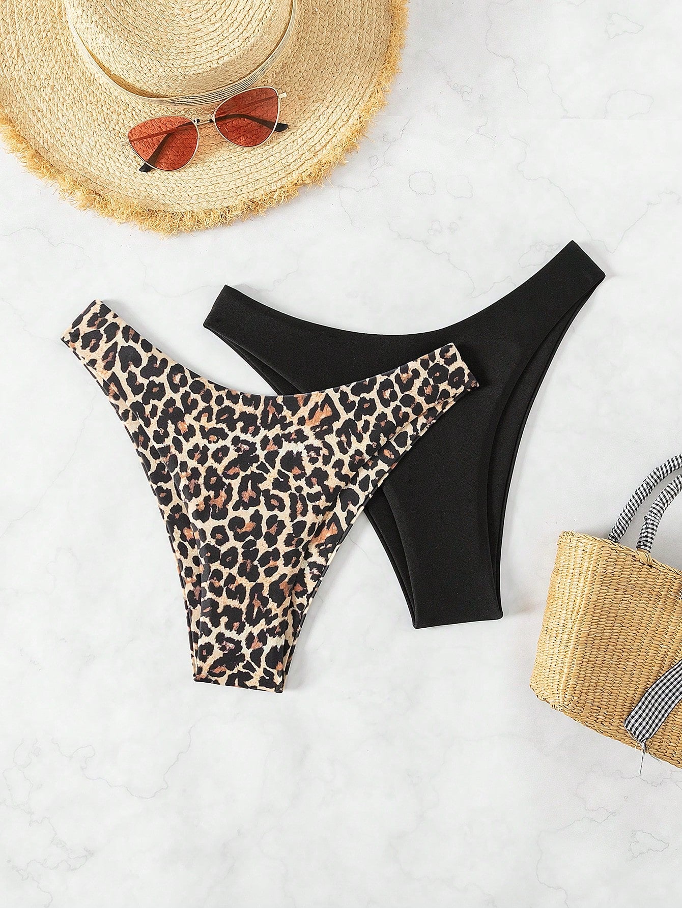 Swim Vcay 2pcs Women Plain & Leopard Print Swimsuit Bottoms Leopard Bikini For Summer Beach Vacation