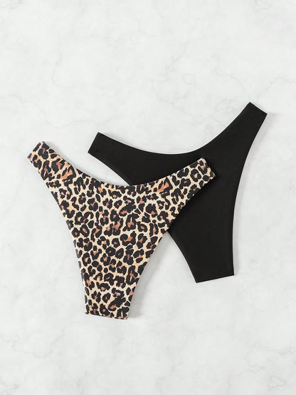 Swim Vcay 2pcs Women Plain & Leopard Print Swimsuit Bottoms Leopard Bikini For Summer Beach Vacation