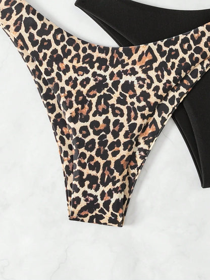 Swim Vcay 2pcs Women Plain & Leopard Print Swimsuit Bottoms Leopard Bikini For Summer Beach Vacation