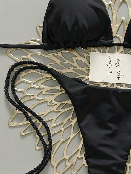 Swim Vcay 2pcs Women's Bikini Sets,Handmade Crochet Swimwear,Wire Black Bikini With Rope Straps,Summer Casual Beach Party Holiday,Y2k Swim Suit Set,Holiday