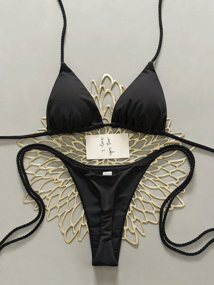 Swim Vcay 2pcs Women's Bikini Sets,Handmade Crochet Swimwear,Wire Black Bikini With Rope Straps,Summer Casual Beach Party Holiday,Y2k Swim Suit Set,Holiday