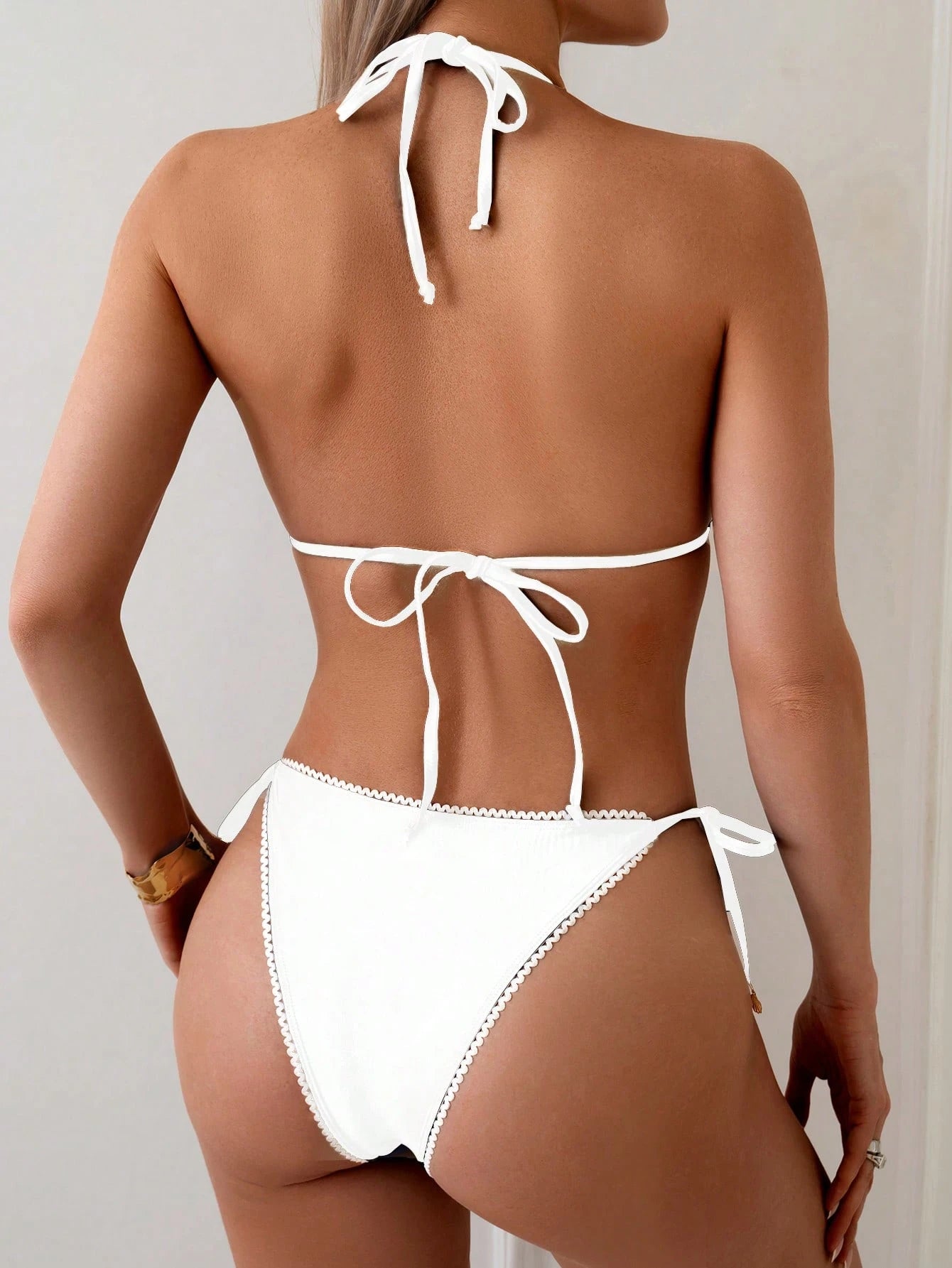 Swim Vcay 2pcs Women Sexy Lace Trim Triangle Bikini Set, Simple Strap Tie Up Halter Bikini Set For Summer Beach Vacation