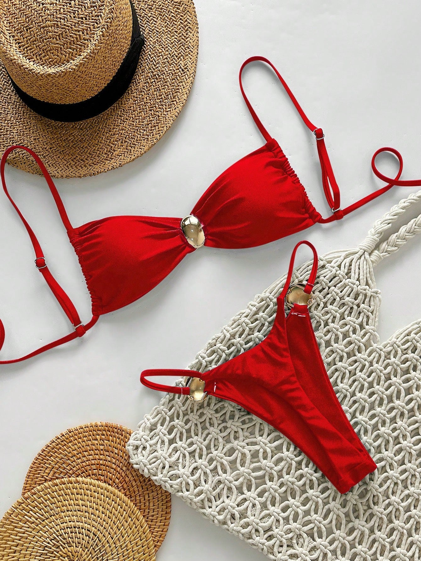 Swim Vcay 2pcs Women Shiny Solid Color Spaghetti Strap Metallic Circle Accent Bandeau Bikini Swimwear For Beach Vacation For Summer