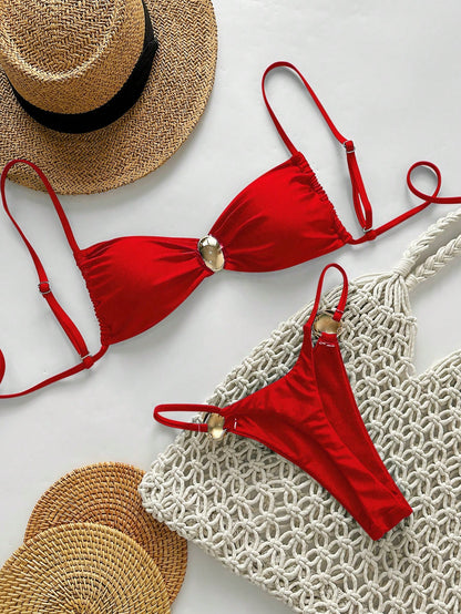 Swim Vcay 2pcs Women Shiny Solid Color Spaghetti Strap Metallic Circle Accent Bandeau Bikini Swimwear For Beach Vacation For Summer