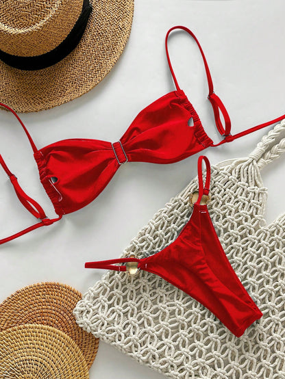 Swim Vcay 2pcs Women Shiny Solid Color Spaghetti Strap Metallic Circle Accent Bandeau Bikini Swimwear For Beach Vacation For Summer