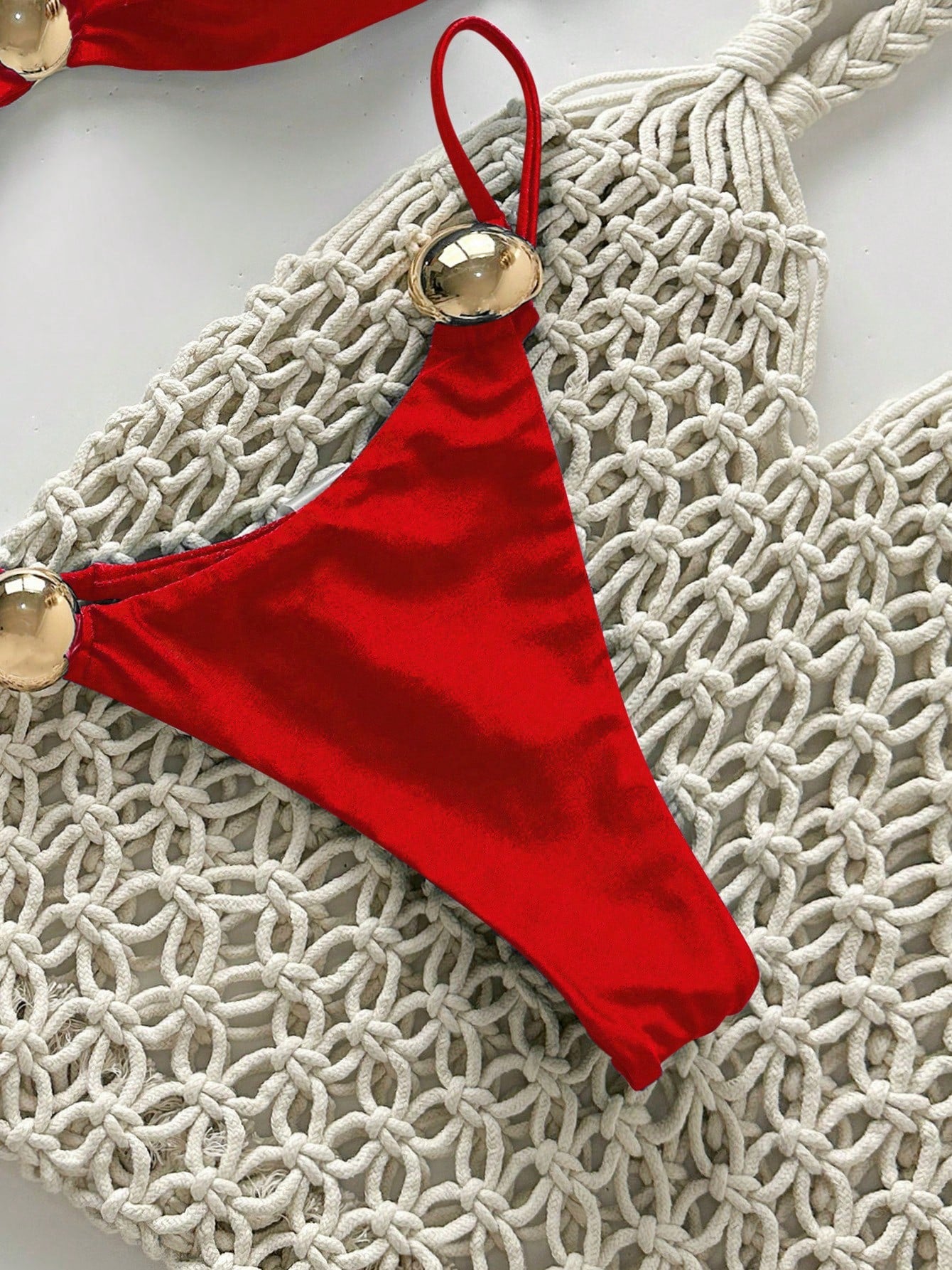 Swim Vcay 2pcs Women Shiny Solid Color Spaghetti Strap Metallic Circle Accent Bandeau Bikini Swimwear For Beach Vacation For Summer