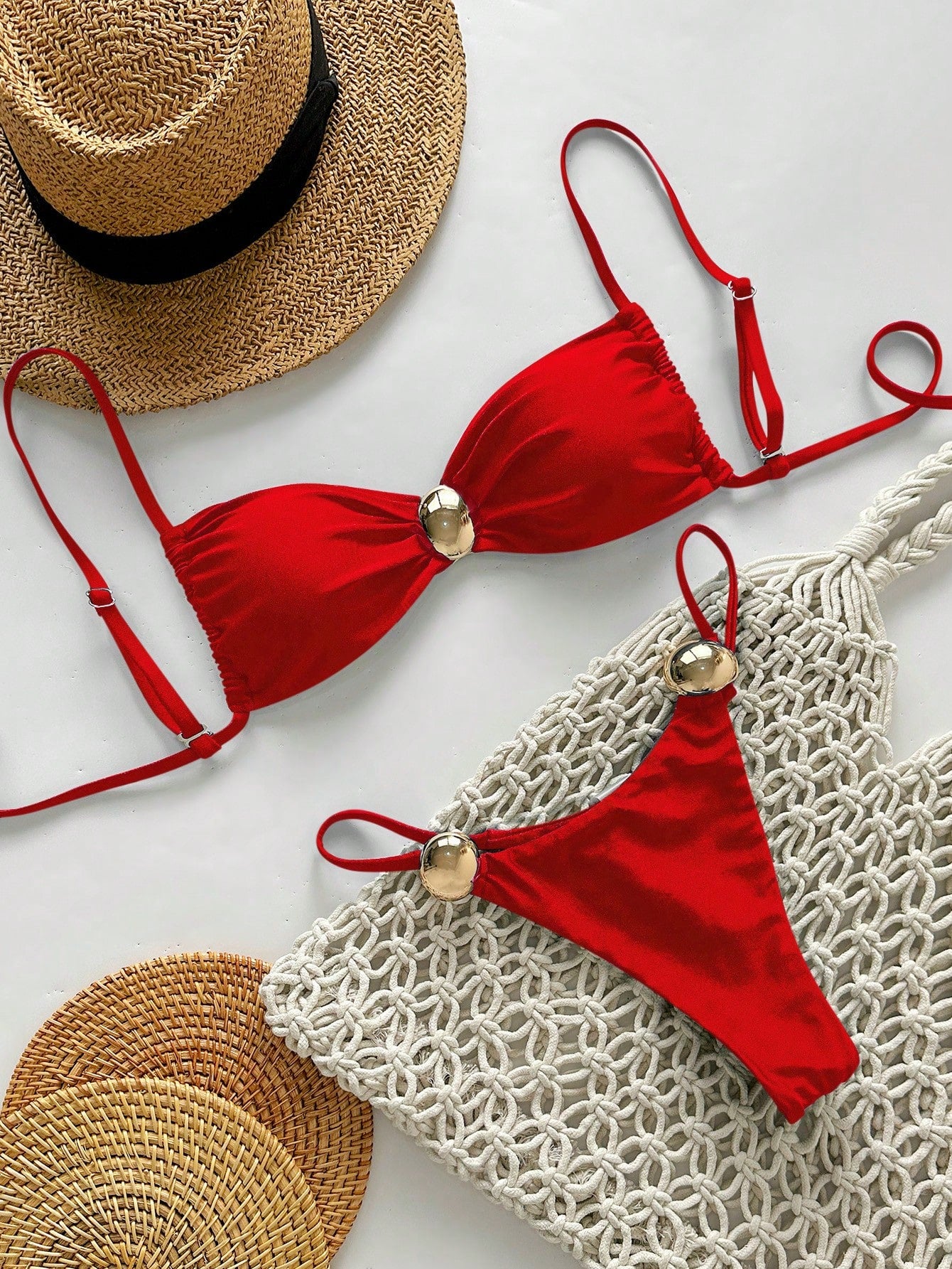 Swim Vcay 2pcs Women Shiny Solid Color Spaghetti Strap Metallic Circle Accent Bandeau Bikini Swimwear For Beach Vacation For Summer