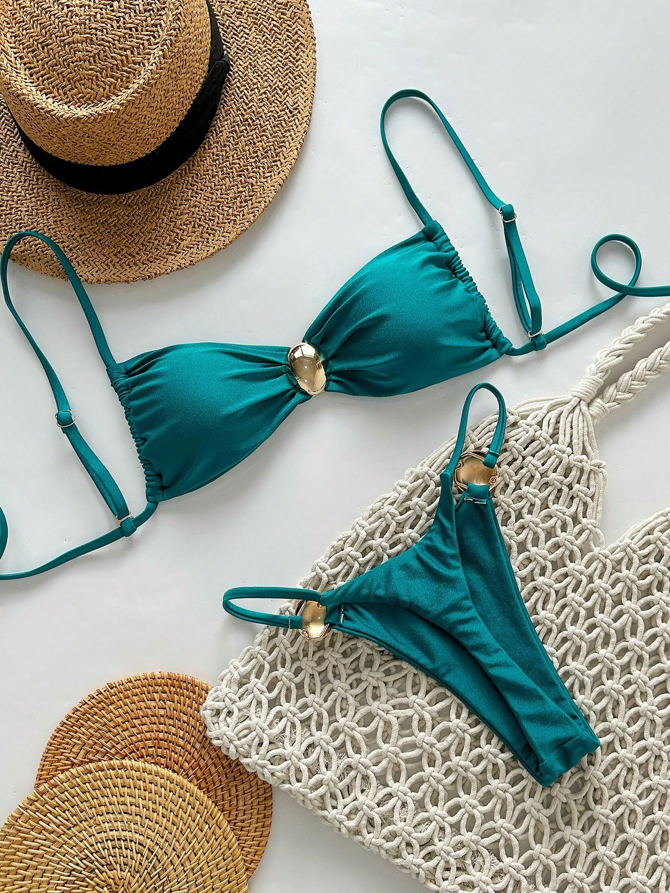 Swim Vcay 2pcs Women Shiny Solid Color Spaghetti Strap Metallic Circle Accent Bandeau Bikini Swimwear For Beach Vacation For Summer