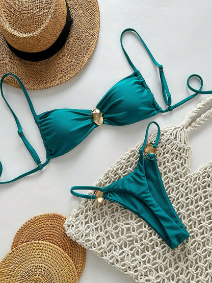 Swim Vcay 2pcs Women Shiny Solid Color Spaghetti Strap Metallic Circle Accent Bandeau Bikini Swimwear For Beach Vacation For Summer