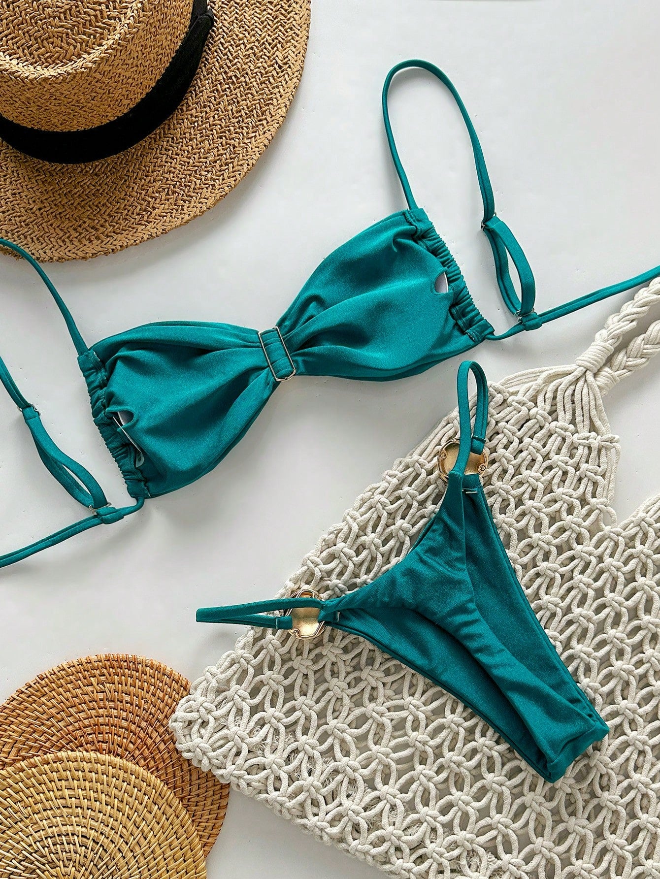 Swim Vcay 2pcs Women Shiny Solid Color Spaghetti Strap Metallic Circle Accent Bandeau Bikini Swimwear For Beach Vacation For Summer
