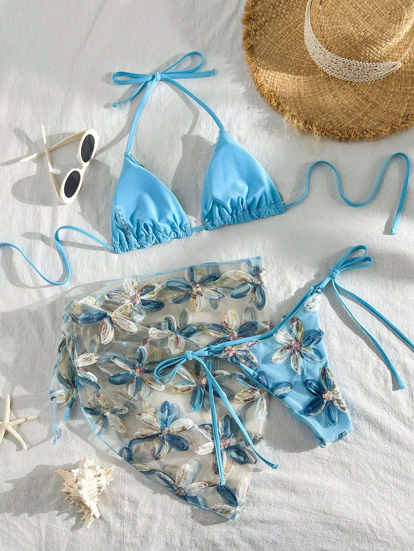 Swim Vcay 3pcs Floral Sequin Textured Halter Neck Triangle Bikini Top, Side Tie Bottoms And Skirt Sexy Swimwear Set For Women, Spring/Summer