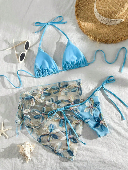 Swim Vcay 3pcs Floral Sequin Textured Halter Neck Triangle Bikini Top, Side Tie Bottoms And Skirt Sexy Swimwear Set For Women, Spring/Summer