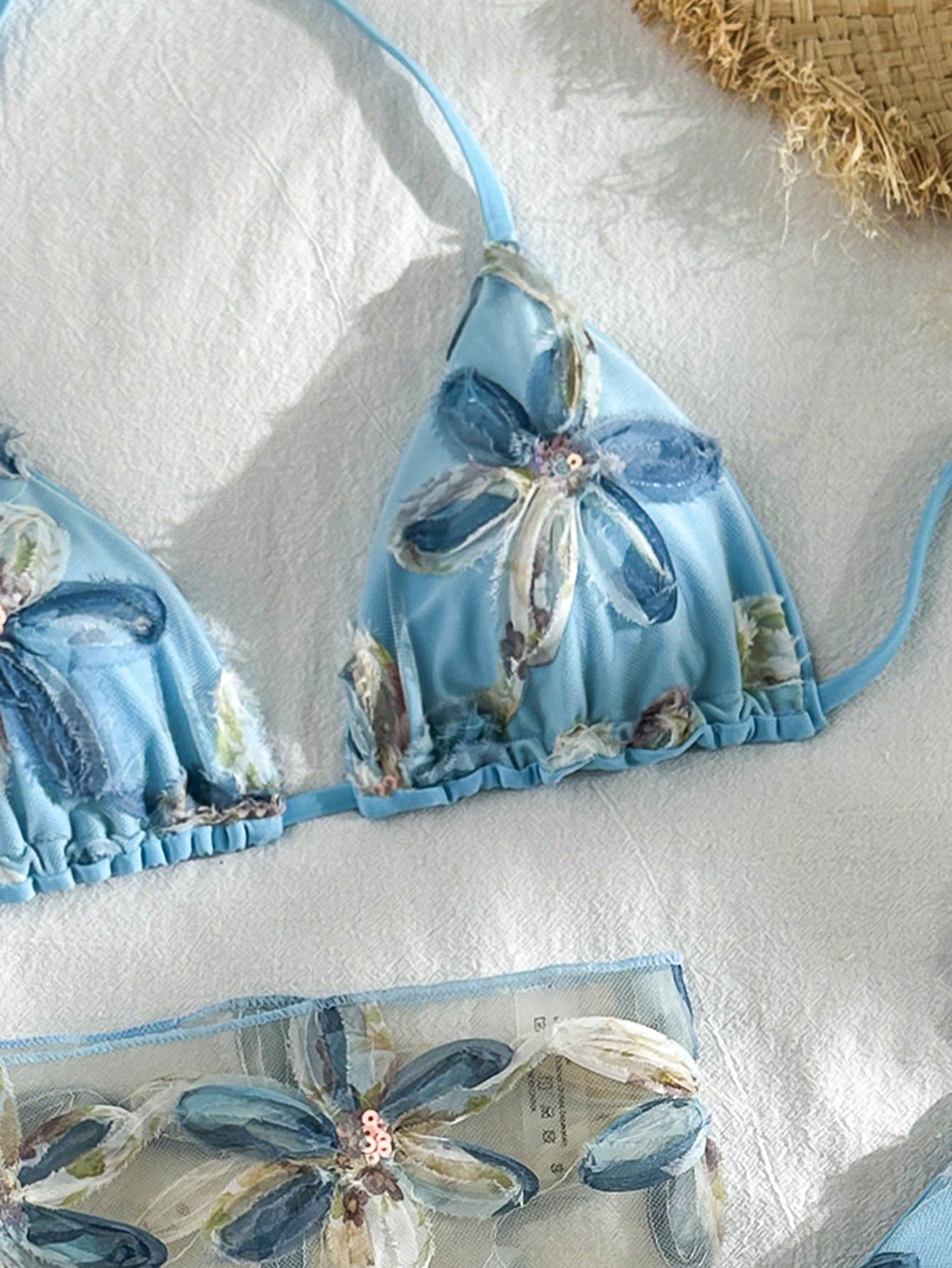 Swim Vcay 3pcs Floral Sequin Textured Halter Neck Triangle Bikini Top, Side Tie Bottoms And Skirt Sexy Swimwear Set For Women, Spring/Summer