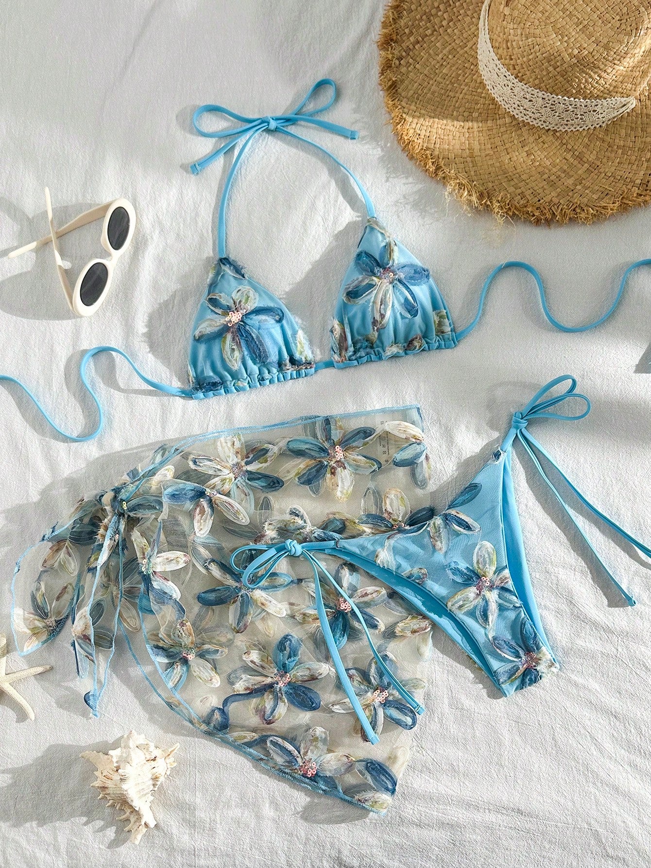 Swim Vcay 3pcs Floral Sequin Textured Halter Neck Triangle Bikini Top, Side Tie Bottoms And Skirt Sexy Swimwear Set For Women, Spring/Summer