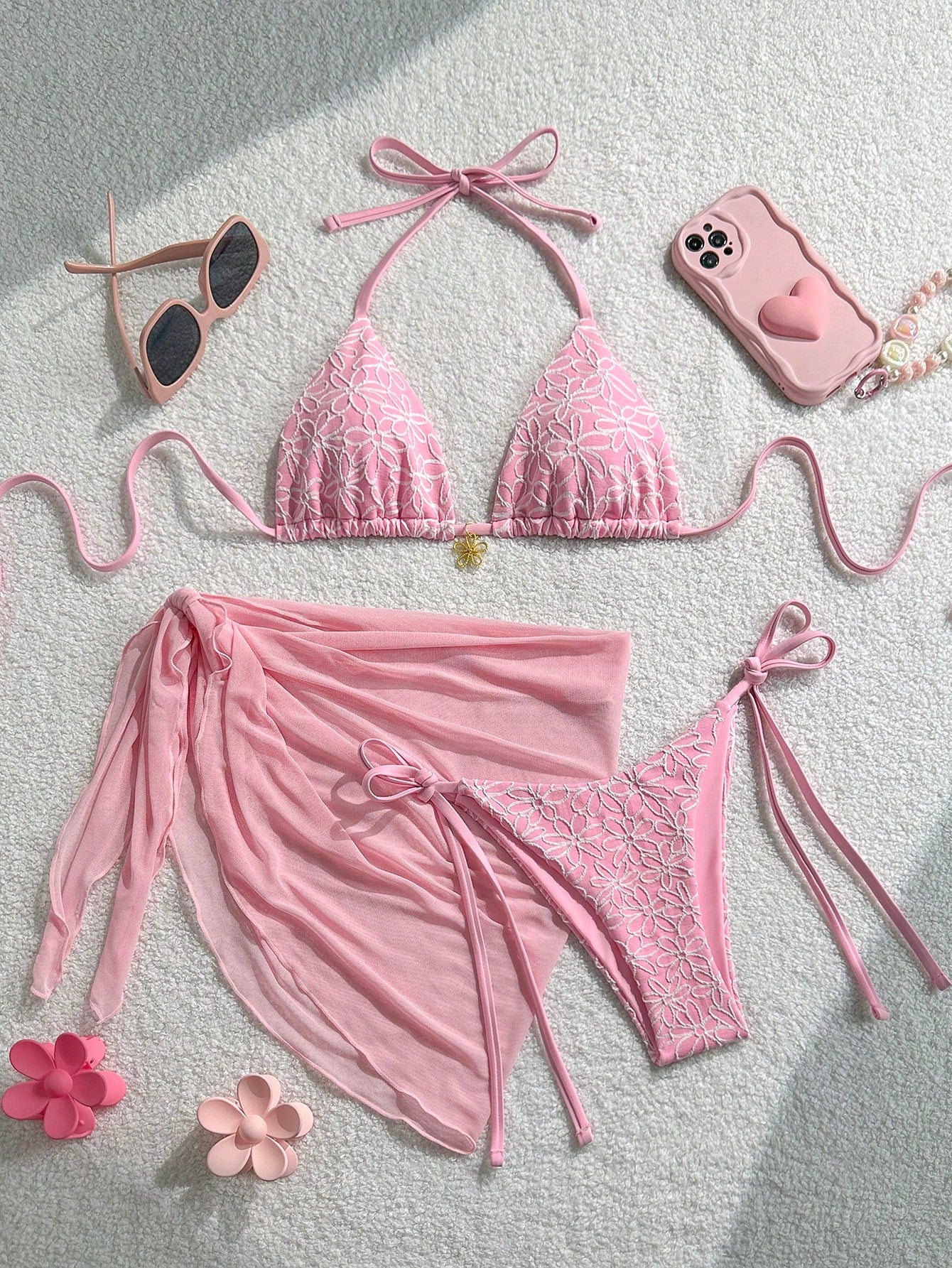 Swim Vcay 3pcs Floral Sequin Textured Halter Neck Triangle Bikini Top, Side Tie Bottoms And Skirt Sexy Swimwear Set For Women, Spring/Summer