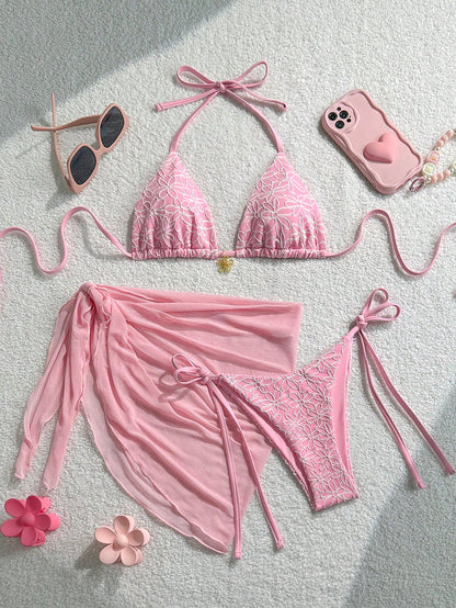 Swim Vcay 3pcs Floral Sequin Textured Halter Neck Triangle Bikini Top, Side Tie Bottoms And Skirt Sexy Swimwear Set For Women, Spring/Summer
