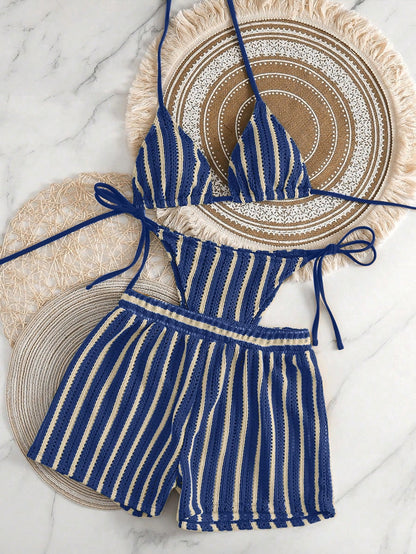 Swim Vcay 3pcs/Set Boho Style Crochet Fabric Drawstring Swimsuit Cover Up Bikini Set For Summer Beach Vacation