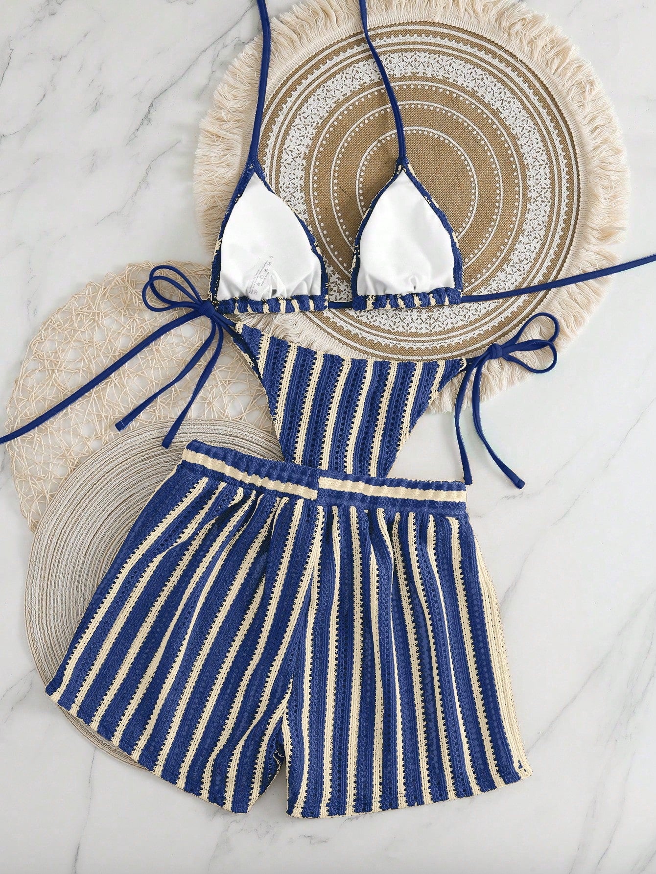 Swim Vcay 3pcs/Set Boho Style Crochet Fabric Drawstring Swimsuit Cover Up Bikini Set For Summer Beach Vacation