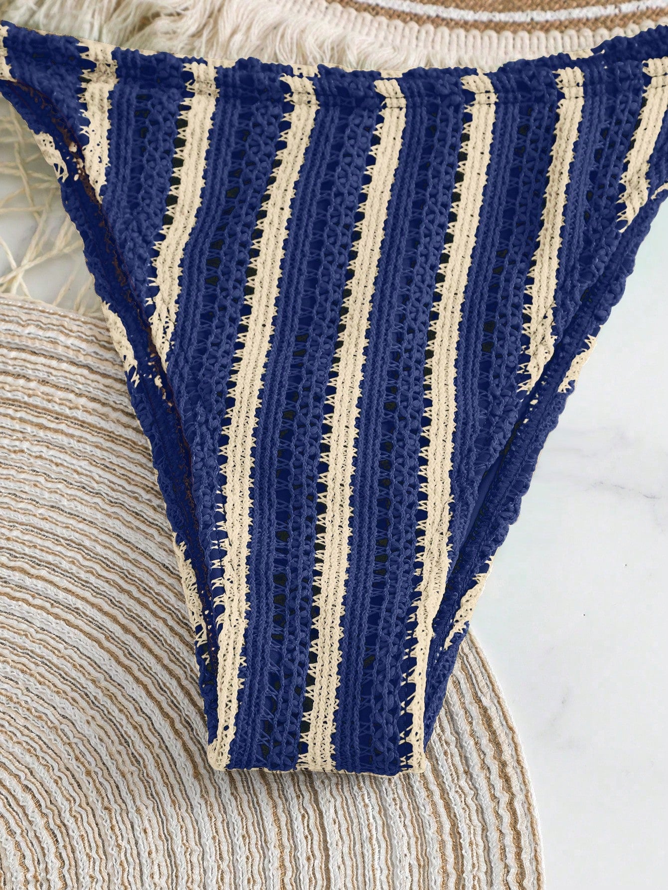 Swim Vcay 3pcs/Set Boho Style Crochet Fabric Drawstring Swimsuit Cover Up Bikini Set For Summer Beach Vacation