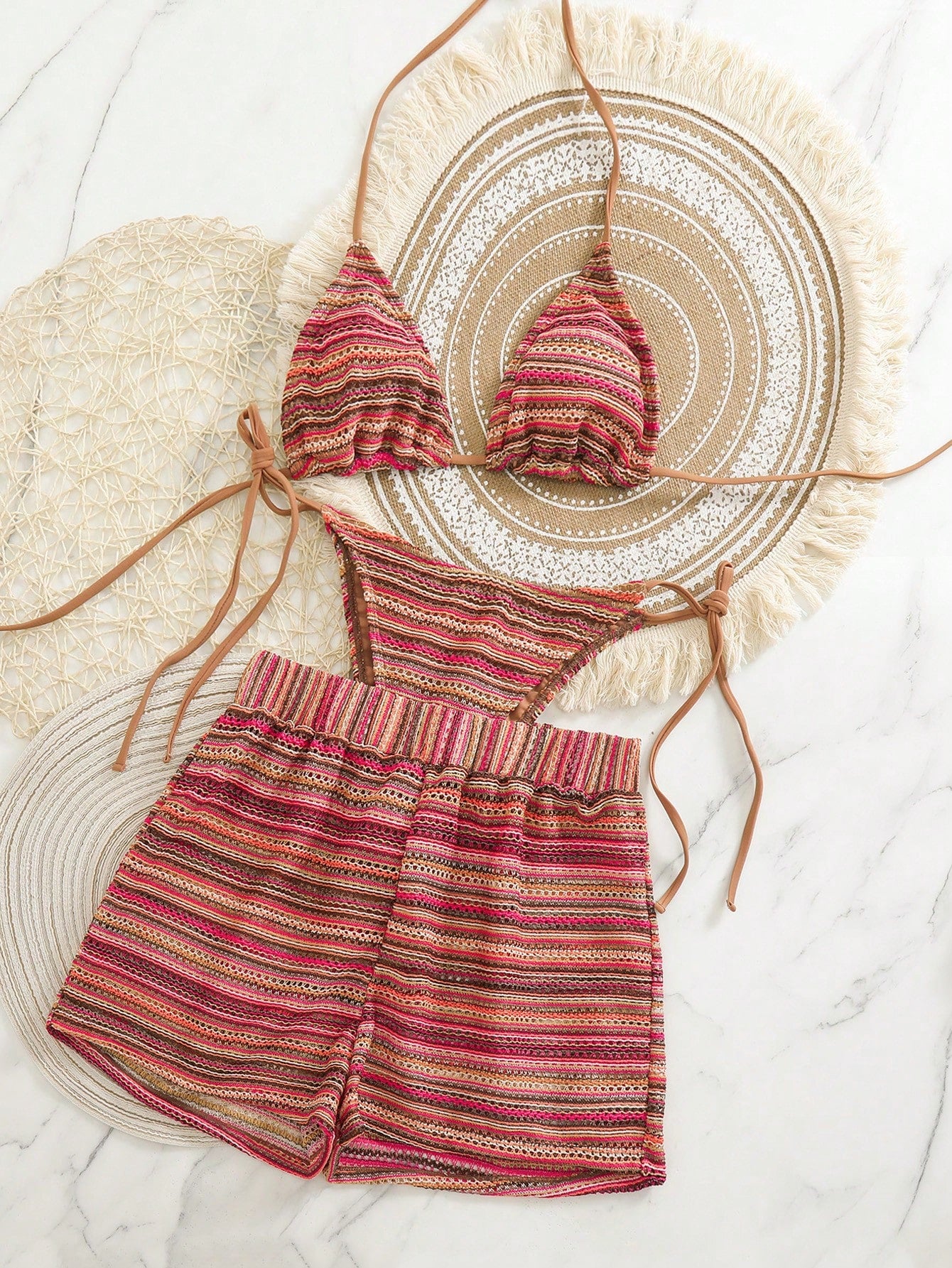 Swim Vcay 3pcs/Set Boho Style Crochet Fabric Drawstring Swimsuit Cover Up Bikini Set For Summer Beach Vacation