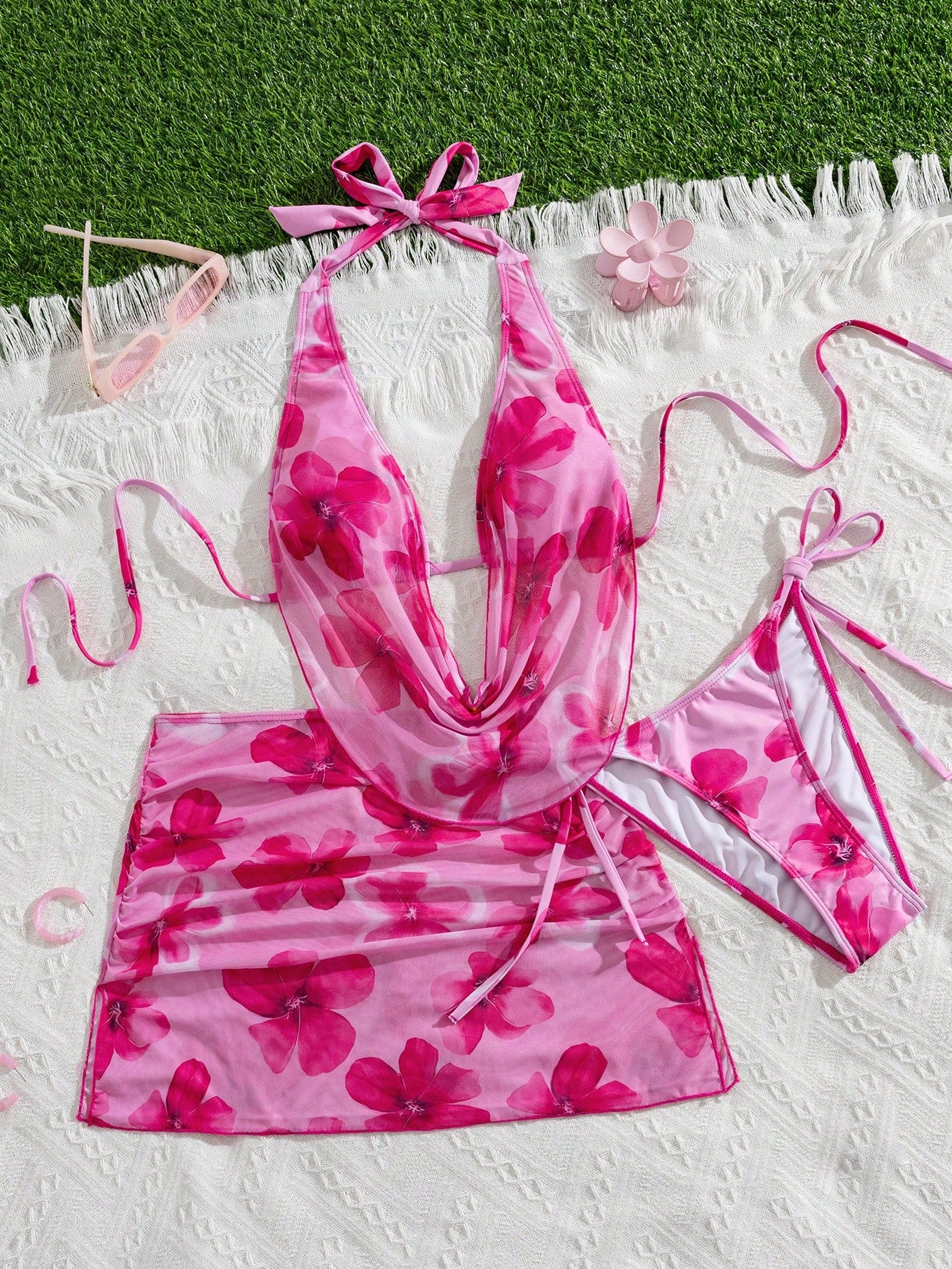 Swim Vcay 3pcs/Set Sexy Tropical Floral Draped Neck Backless Drawstring Triangle Bikini Swimwear Ruffle Slit Mini Skirt, Summer Vacation Beach Vacation Pink
