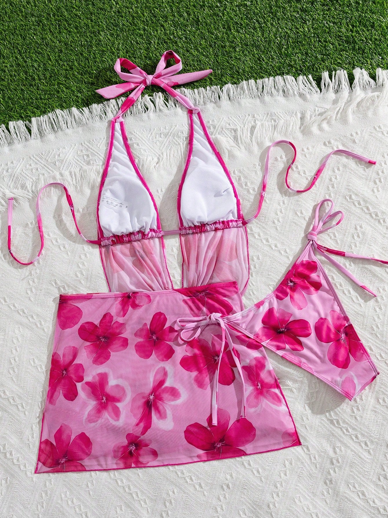Swim Vcay 3pcs/Set Sexy Tropical Floral Draped Neck Backless Drawstring Triangle Bikini Swimwear Ruffle Slit Mini Skirt, Summer Vacation Beach Vacation Pink