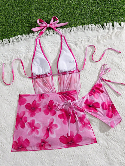 Swim Vcay 3pcs/Set Sexy Tropical Floral Draped Neck Backless Drawstring Triangle Bikini Swimwear Ruffle Slit Mini Skirt, Summer Vacation Beach Vacation Pink