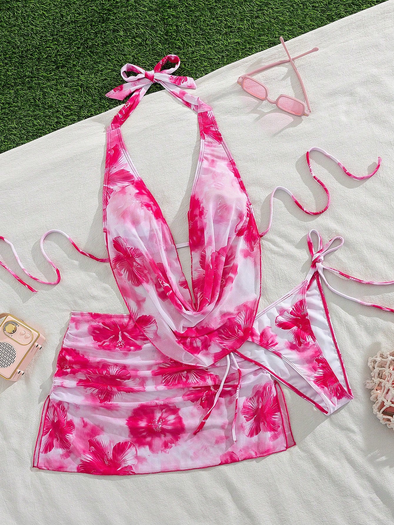 Swim Vcay 3pcs/Set Sexy Tropical Floral Draped Neck Backless Drawstring Triangle Bikini Swimwear Ruffle Slit Mini Skirt, Summer Vacation Beach Vacation Pink
