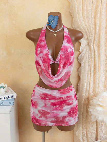 Swim Vcay 3pcs/Set Sexy Tropical Floral Draped Neck Backless Drawstring Triangle Bikini Swimwear Ruffle Slit Mini Skirt, Summer Vacation Beach Vacation Pink