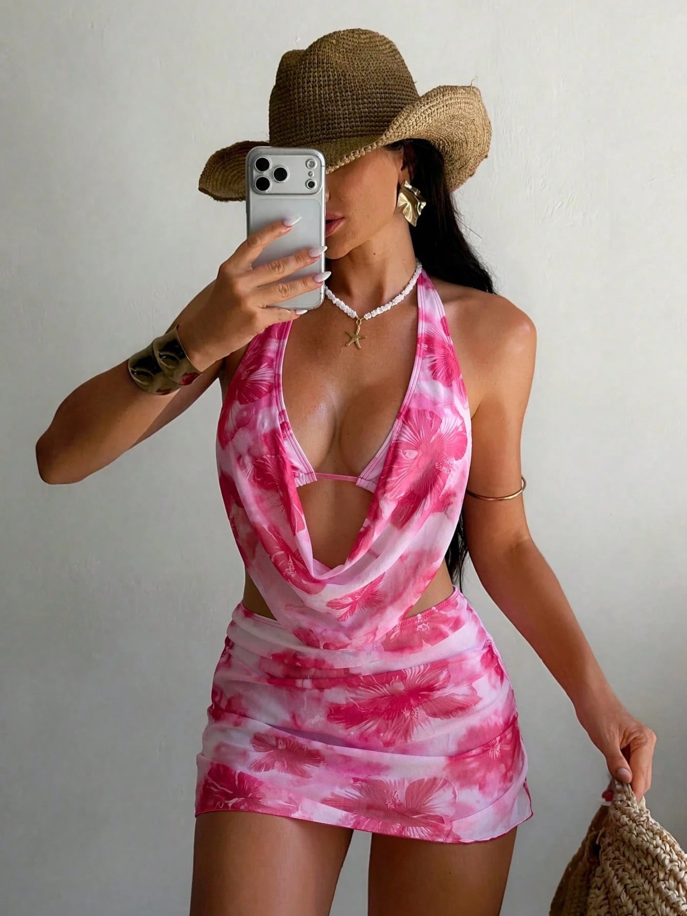 Swim Vcay 3pcs/Set Sexy Tropical Floral Draped Neck Backless Drawstring Triangle Bikini Swimwear Ruffle Slit Mini Skirt, Summer Vacation Beach Vacation Pink