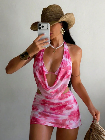 Swim Vcay 3pcs/Set Sexy Tropical Floral Draped Neck Backless Drawstring Triangle Bikini Swimwear Ruffle Slit Mini Skirt, Summer Vacation Beach Vacation Pink